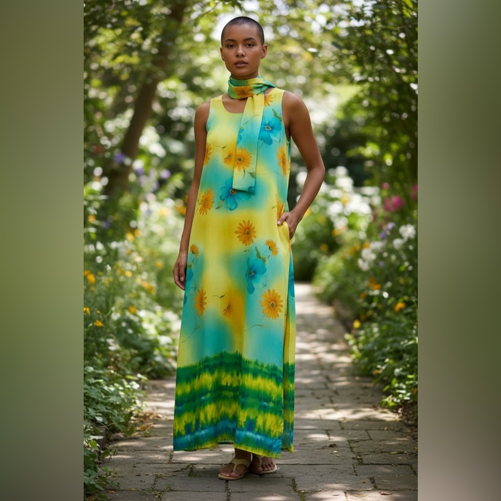 Sleeveless Yellow & Aqua Floral Maxi Dress with Scarf - Picture 12 of 13